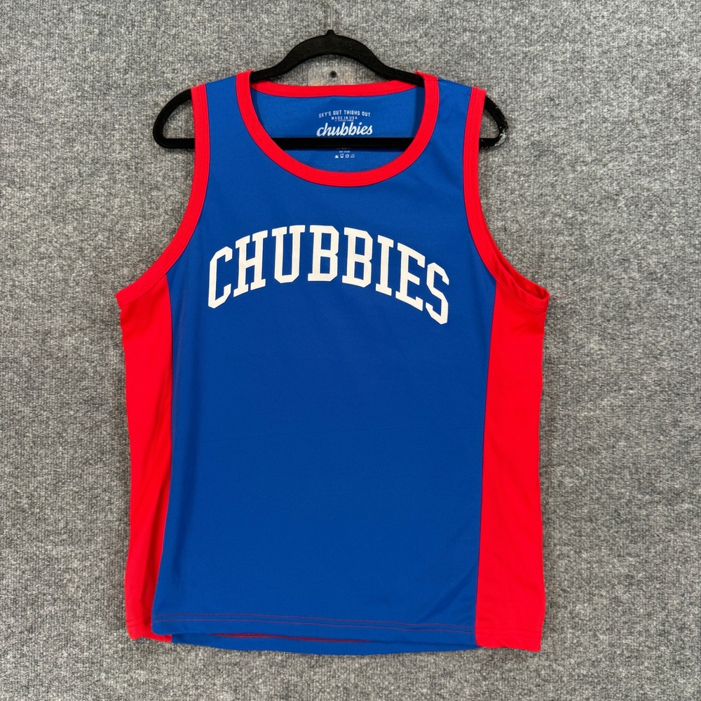 Chubbies Tank‎ Top Men Small Blue Red Logo Mesh Athletic Jersey Sleeveless Shirt